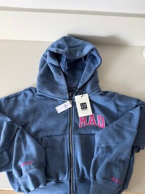 GAP Dusty Blue Zip Hoodie with Pink 'MAD' Applique